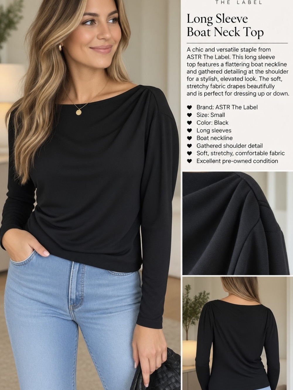 Astr Black Long-Sleeve Boatneck Top with Gathered Shoulder